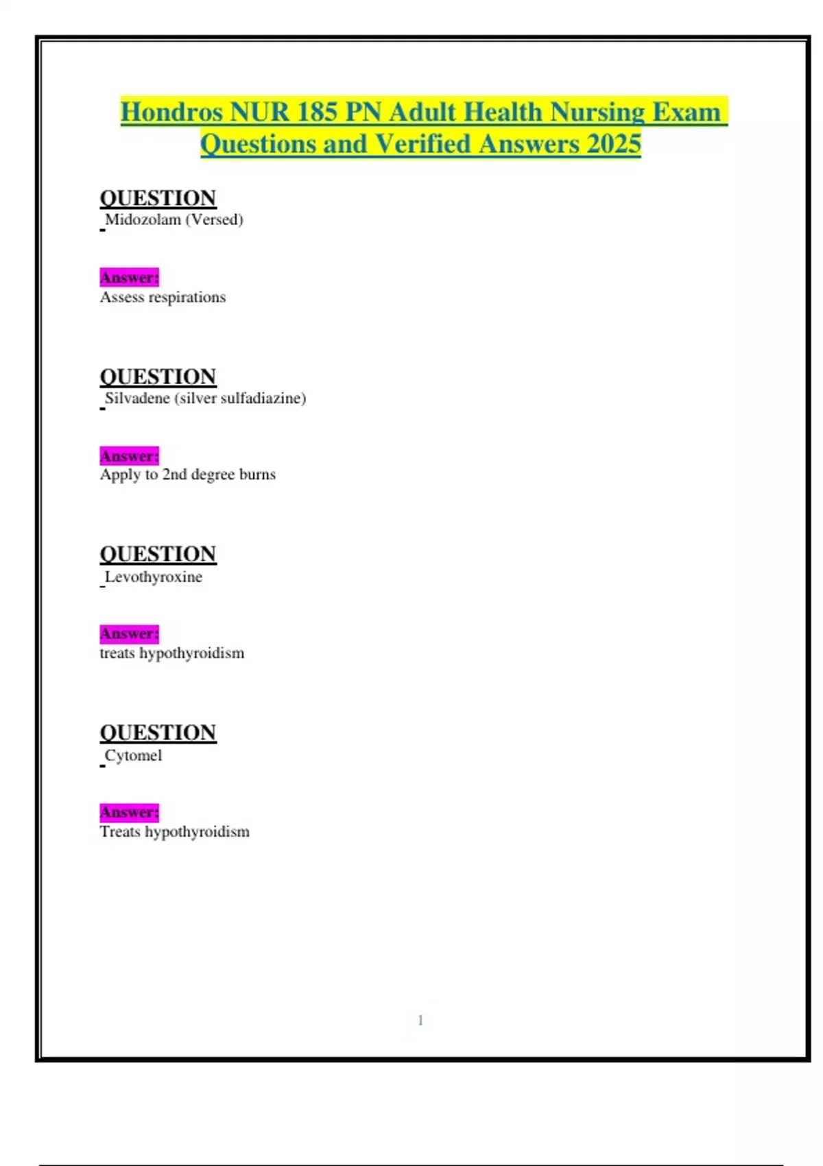 Hondros NUR 185 PN Adult Health Nursing Exam Questions and Verified ...