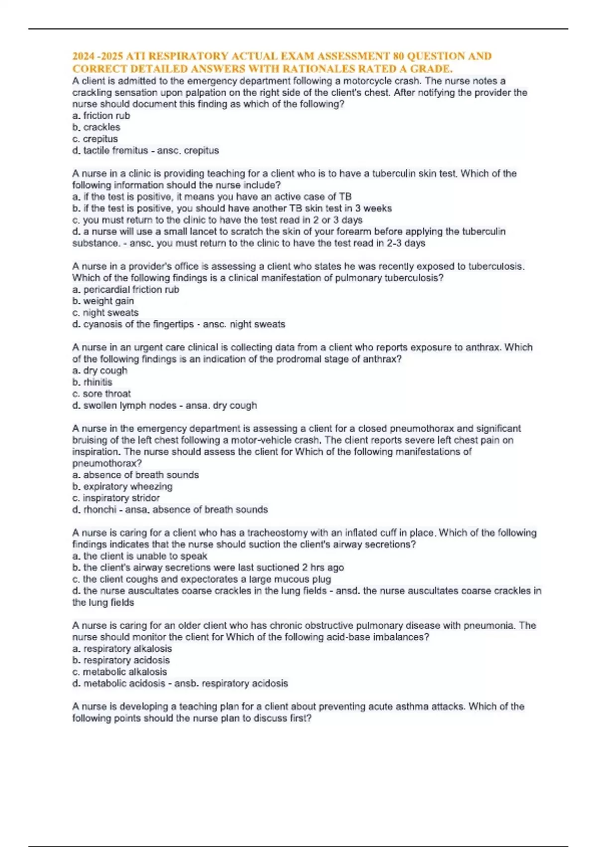 ATI RESPIRATORY ACTUAL EXAM ASSESSMENT 80 exam questions with correct ...