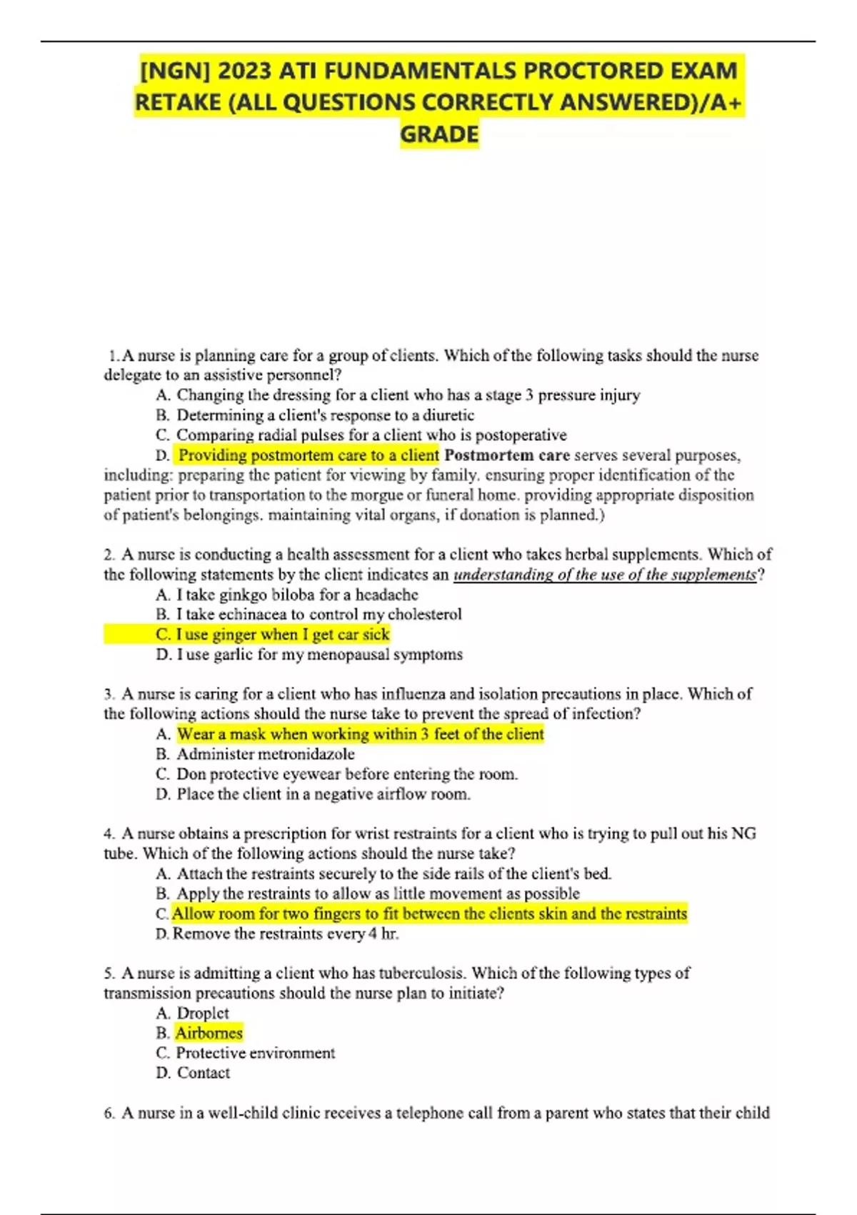 NGN ATI FUNDAMENTALS PROCTORED EXAM RETAKE exam questions with correct ...