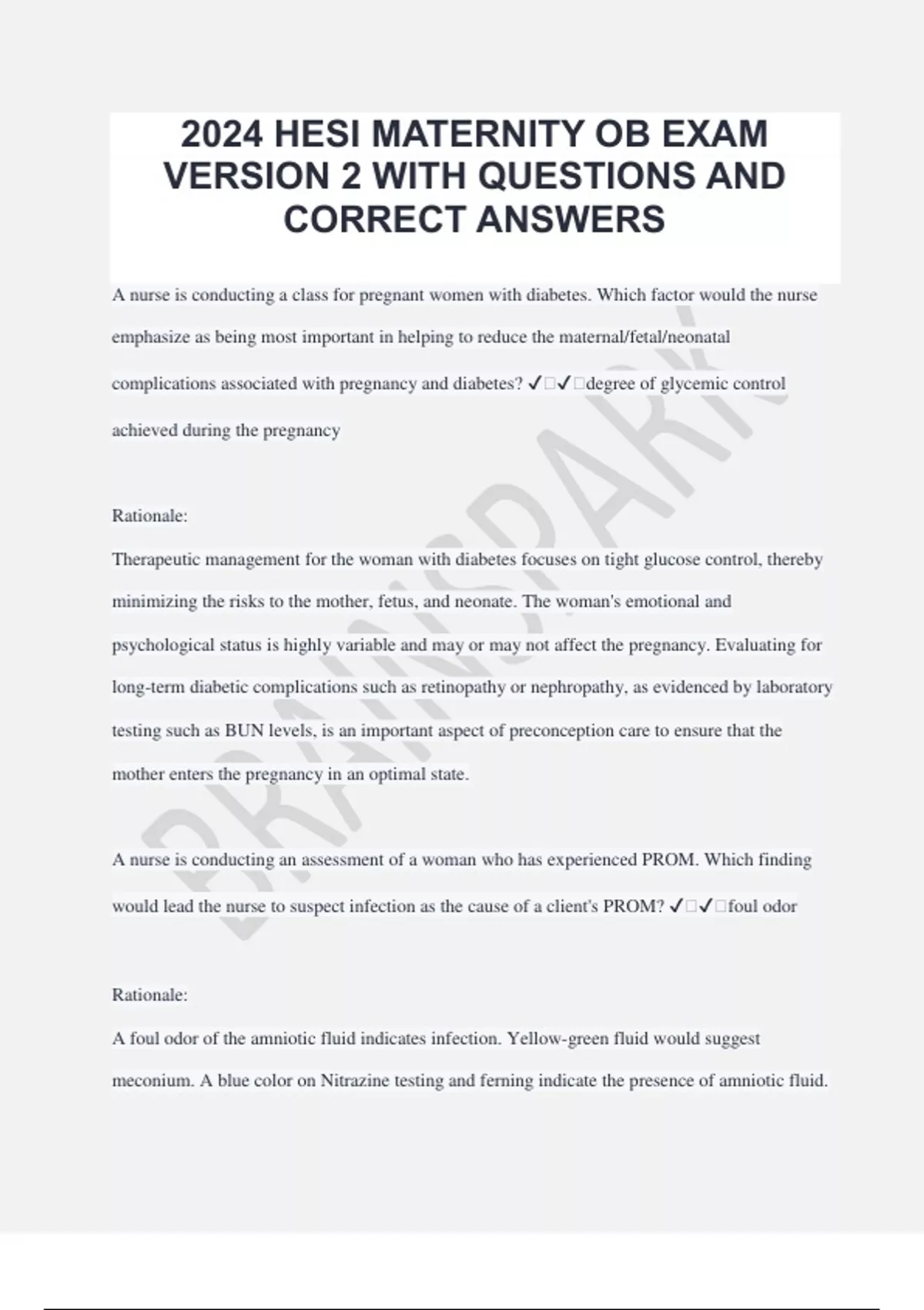 2024 HESI MATERNITY OB EXAM VERSION 2 WITH QUESTIONS AND CORRECT ...