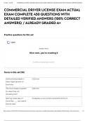 COMMERCIAL DRIVER LICENSE EXAM ACTUAL EXAM COMPLETE 450 QUESTIONS WITH DETAILED VERIFIED ANSWERS &lpar;100&percnt; CORRECT ANSWERS&rpar; &sol; ALREADY GRADED A&plus;
