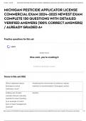 MICHIGAN PESTICIDE APPLICATOR LICENSE COMMERCIAL EXAM 2024&ndash;2025 NEWEST EXAM COMPLETE 150 QUESTIONS WITH DETAILED VERIFIED ANSWERS &lpar;100&percnt; CORRECT ANSWERS&rpar; &sol; ALREADY GRADED A&plus;