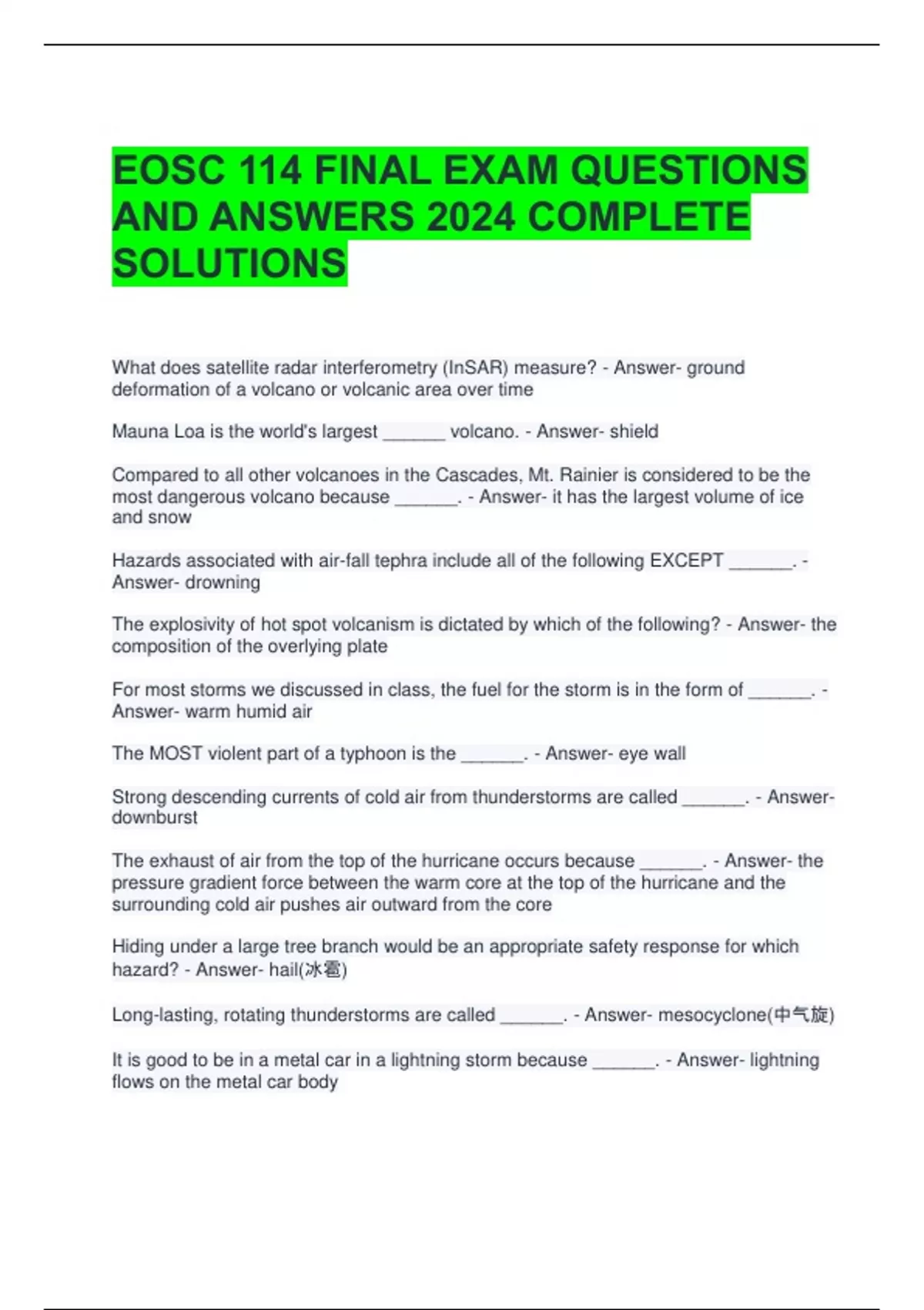EOSC 114 FINAL EXAM QUESTIONS AND ANSWERS 2024 COMPLETE SOLUTIONS ...