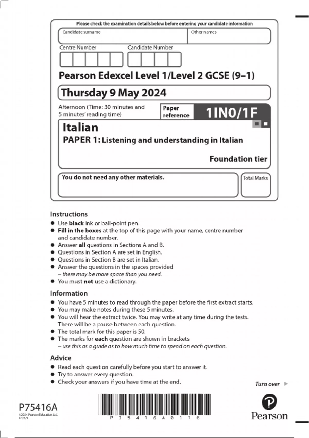 2024 GCSE Pearson Edexcel Level 1/Level 2 GCSE (9–1) Italian PAPER 1 ...