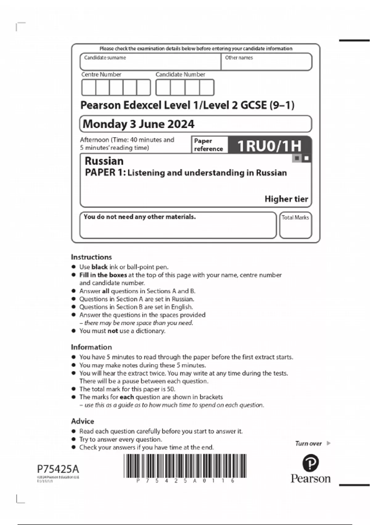 2024 GCSE Pearson Edexcel Level 1/Level 2 GCSE (9–1) Combined Russian ...