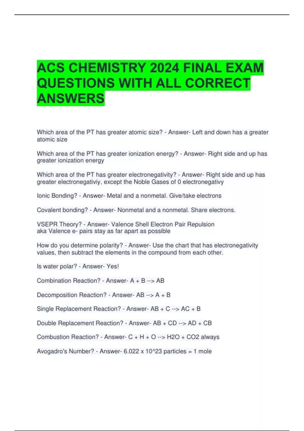 ACS CHEMISTRY 2024 FINAL EXAM QUESTIONS WITH ALL CORRECT ANSWERS - ACS ...