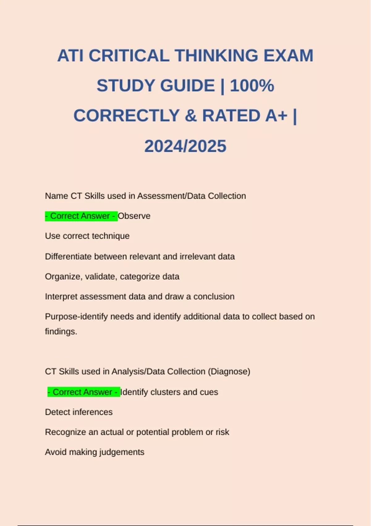 ATI CRITICAL THINKING EXAM STUDY GUIDE | 100% CORRECTLY & RATED A+ ...