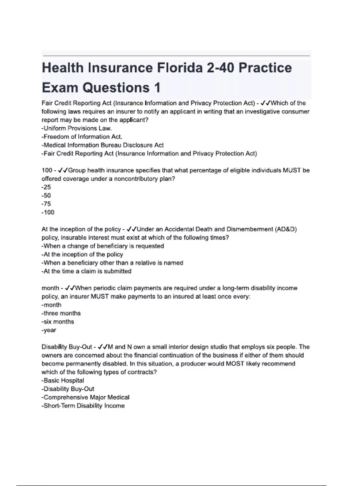 Health Insurance Florida 2 40 Practice Exam Questions 1 Exam Questions