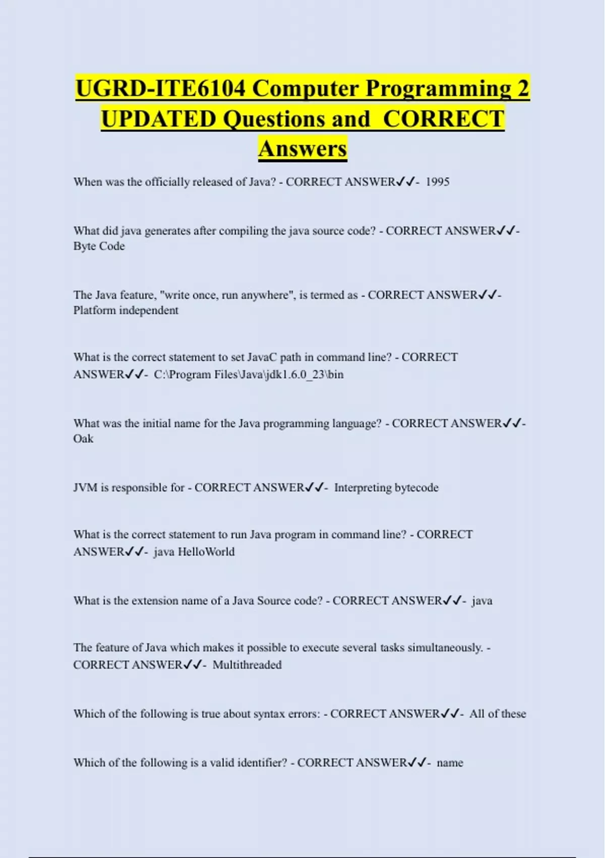 UGRD-ITE6104 Computer Programming 2 UPDATED Questions and CORRECT ...