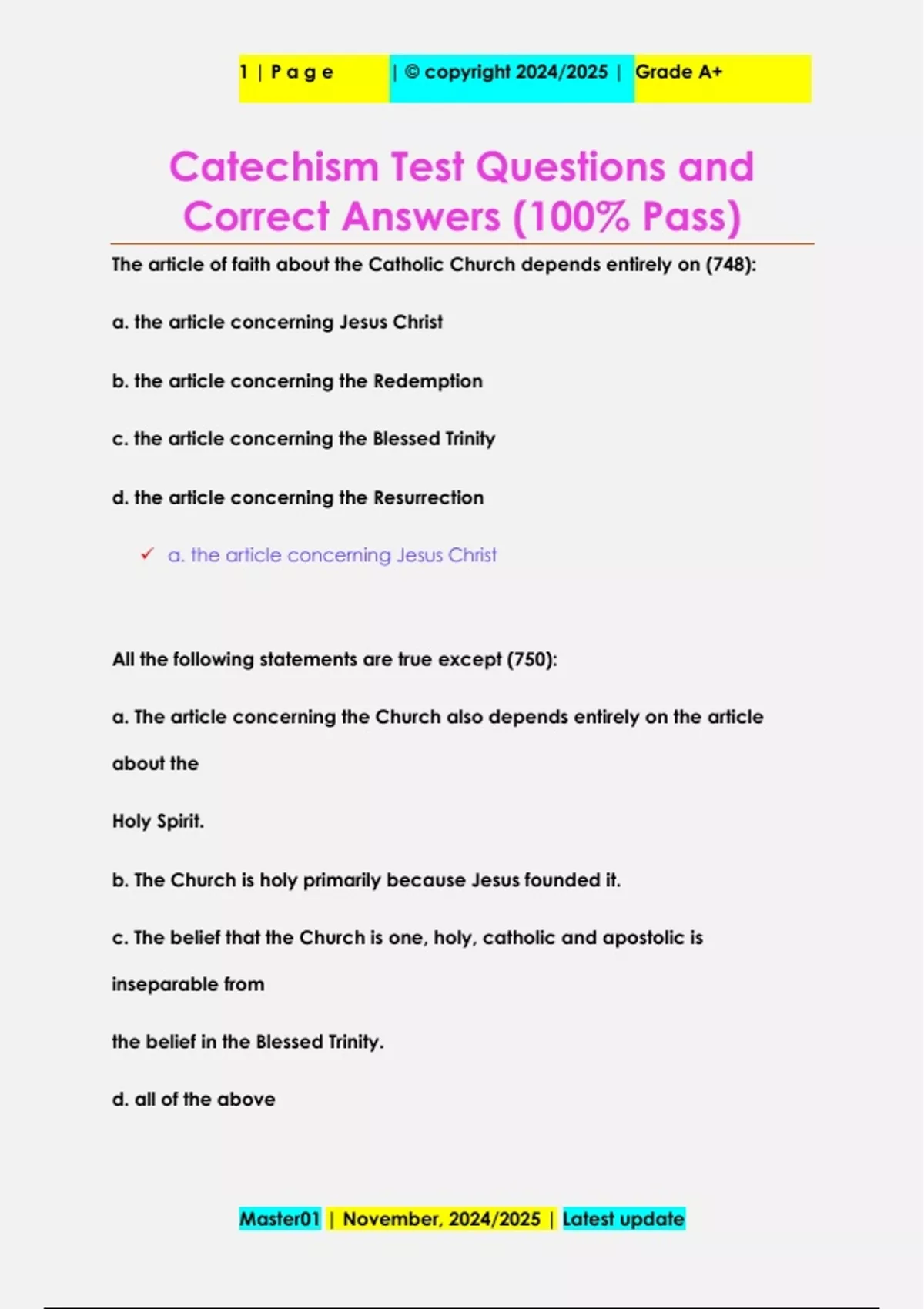 Catechism Test Questions and Correct Answers (100% Pass) - Catechism - Stuvia US