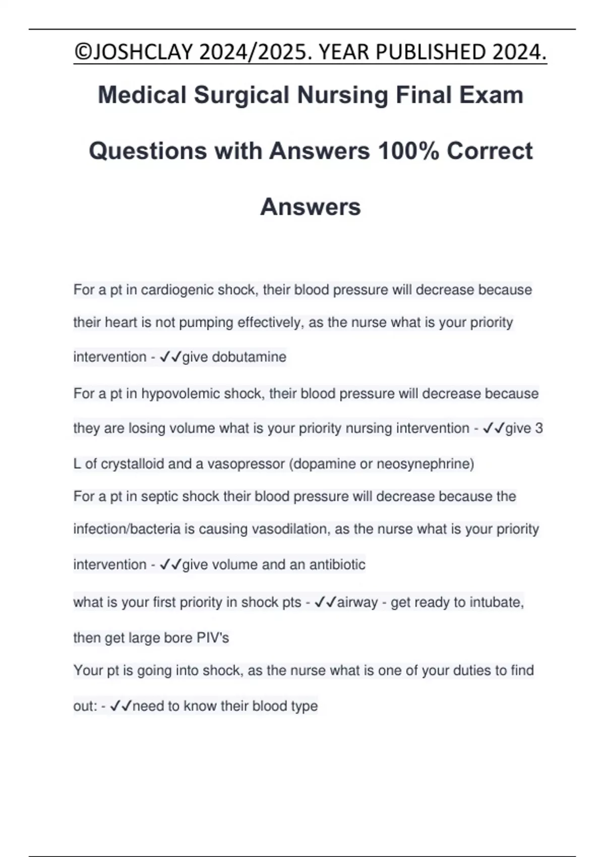 Medical Surgical Nursing Final Exam Questions with Answers 100% Correct ...