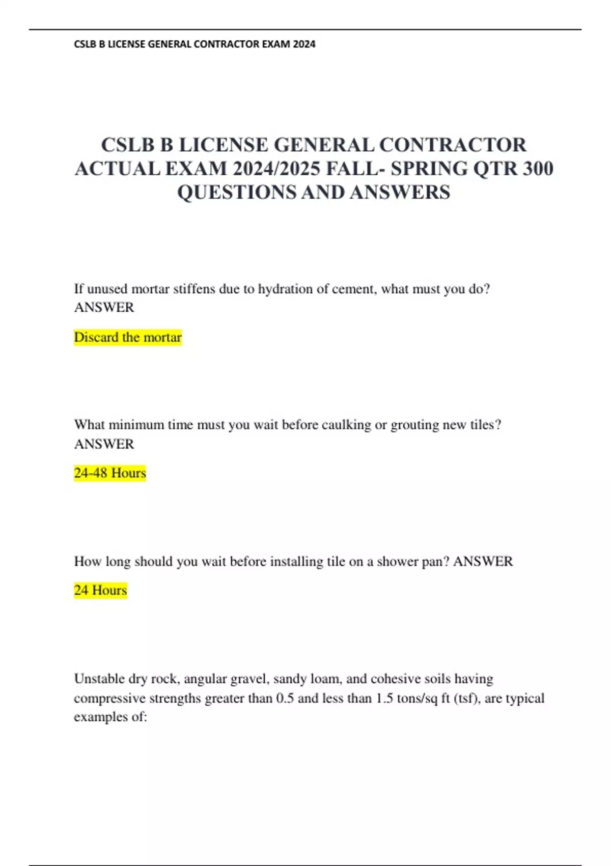 CSLB B LICENSE GENERAL CONTRACTOR ACTUAL EXAM 2024/2025 FALL- SPRING ...