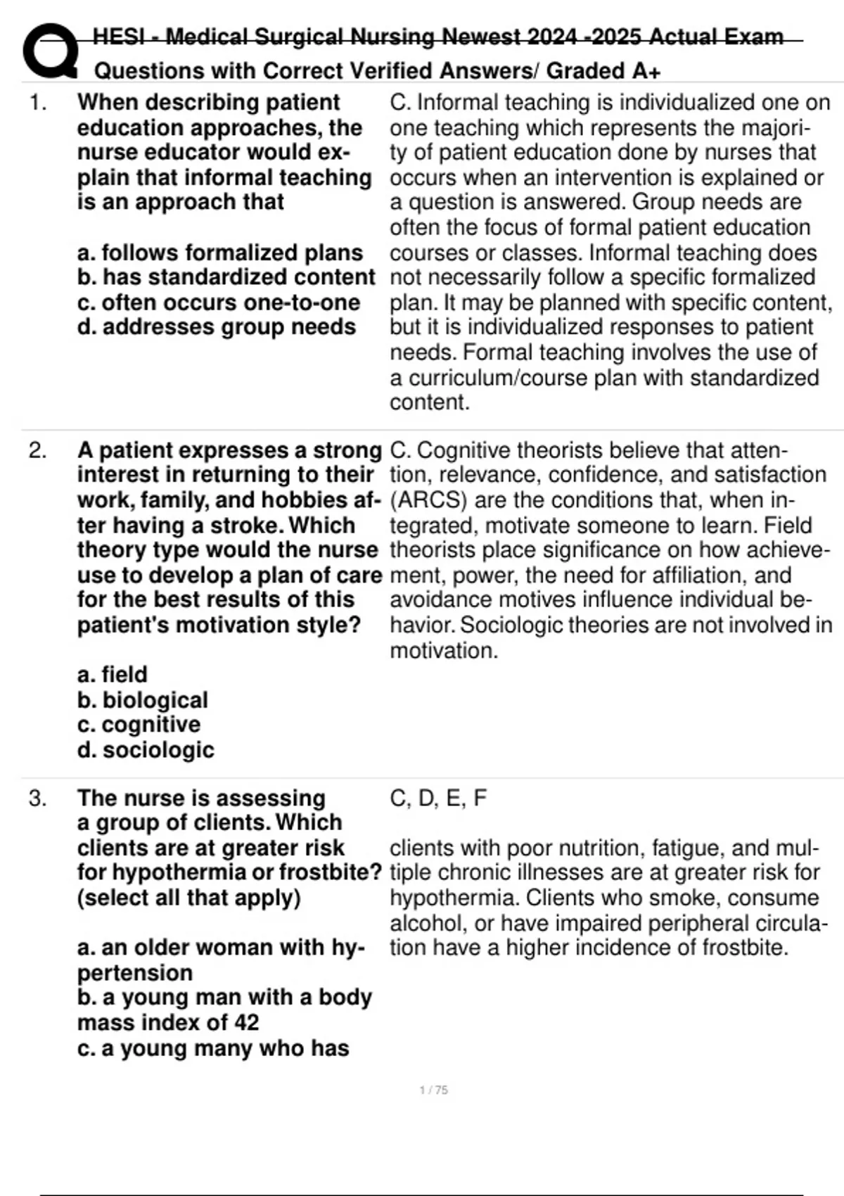 HESI - Medical Surgical Nursing Newest Actual Exam Questions with ...