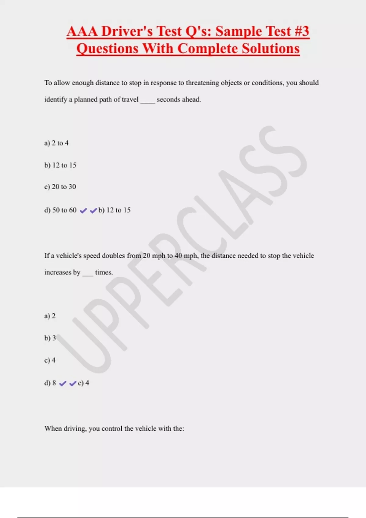 AAA Driver's Test Q's: Sample Test #3 Questions With Complete Solutions ...