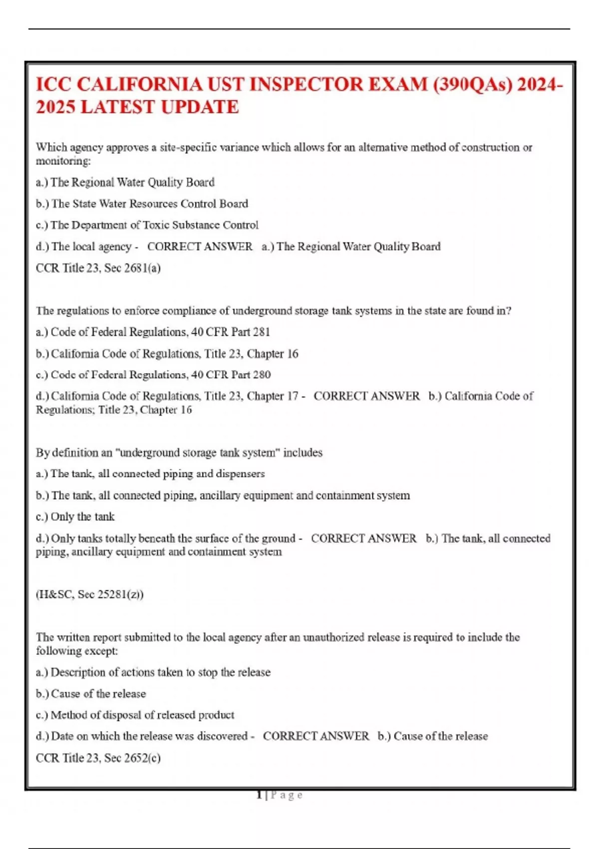 ICC CALIFORNIA UST INSPECTOR EXAM (390QAs) LATEST UPDATE - ICC ...