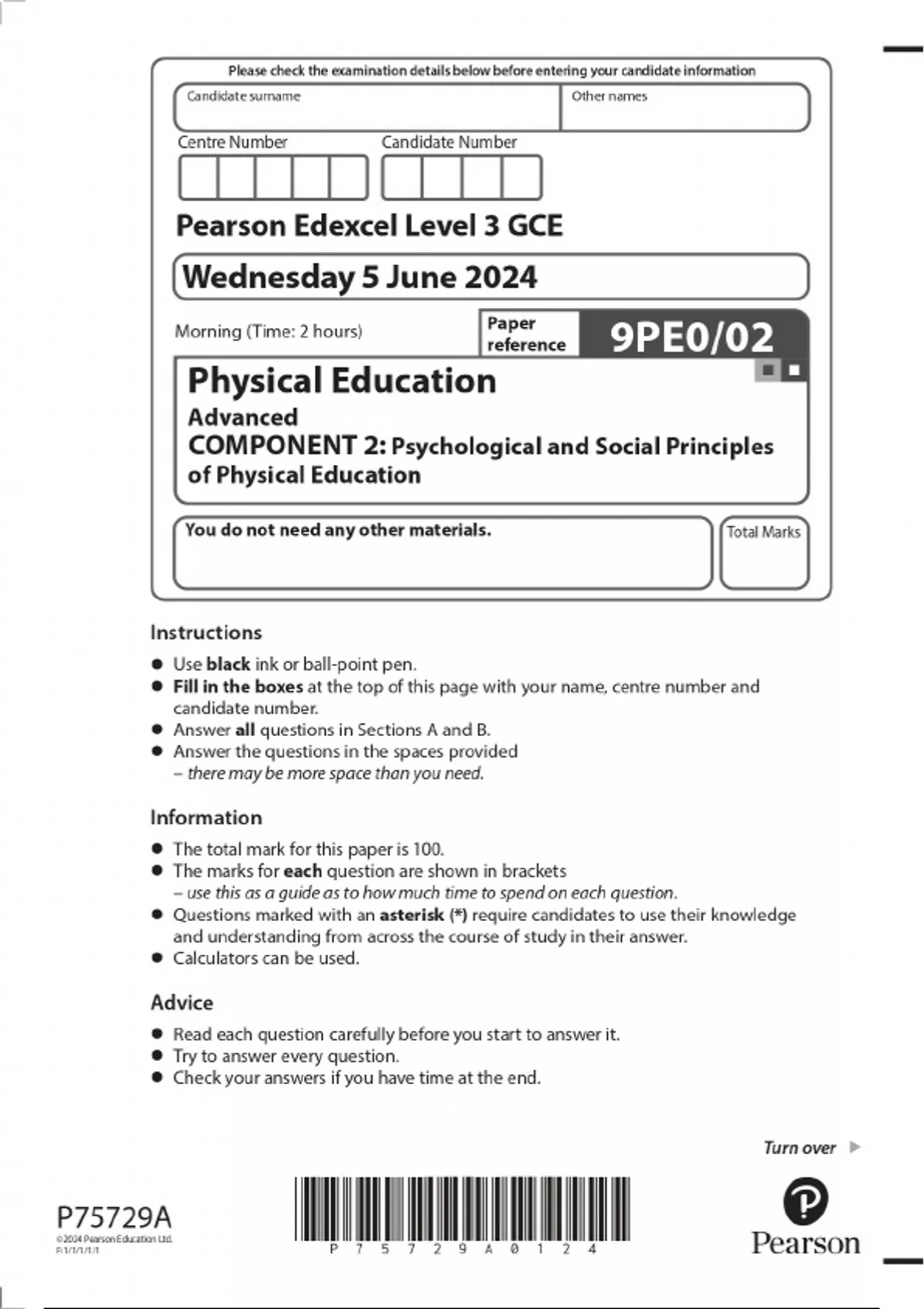 2024 GCE Pearson Edexcel Level 3 GCE Physical Education Advanced ...