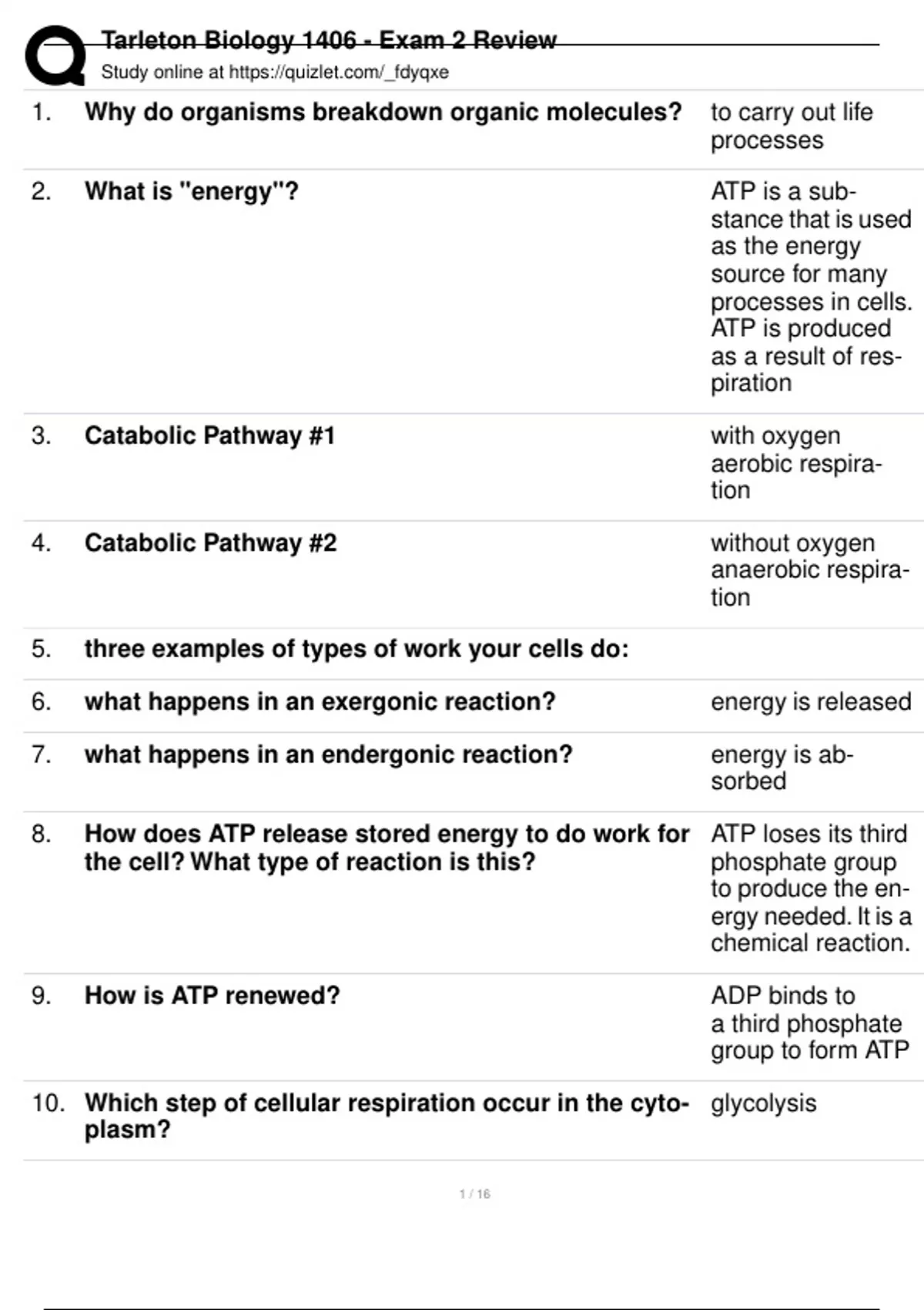 Tarleton Biology 1406 - Exam 2 Review questions with correct answers ...