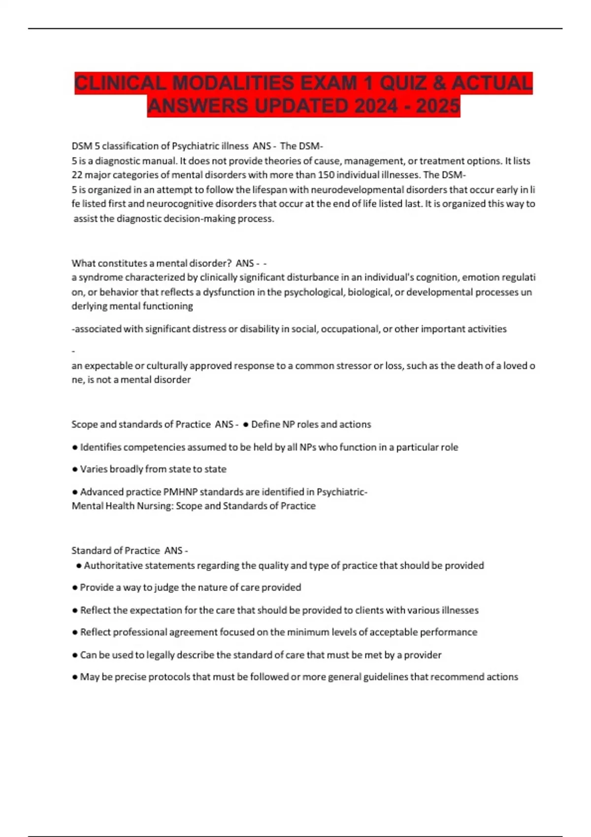 CLINICAL MODALITIES EXAM 1 QUIZ & ACTUAL ANSWERS UPDATED - NSG 526 ...