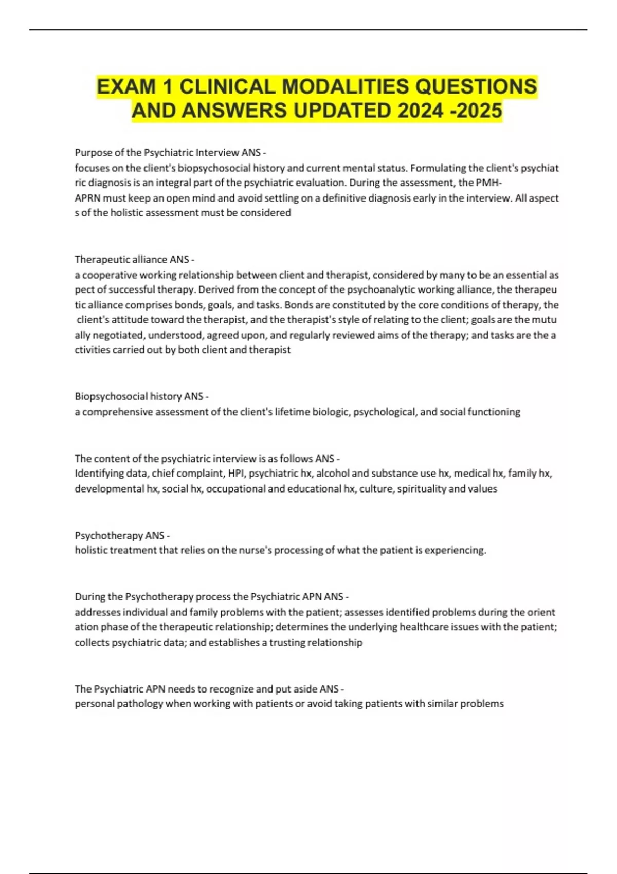 EXAM 1 CLINICAL MODALITIES QUESTIONS AND ANSWERS UPDATED - NSG 526 ...