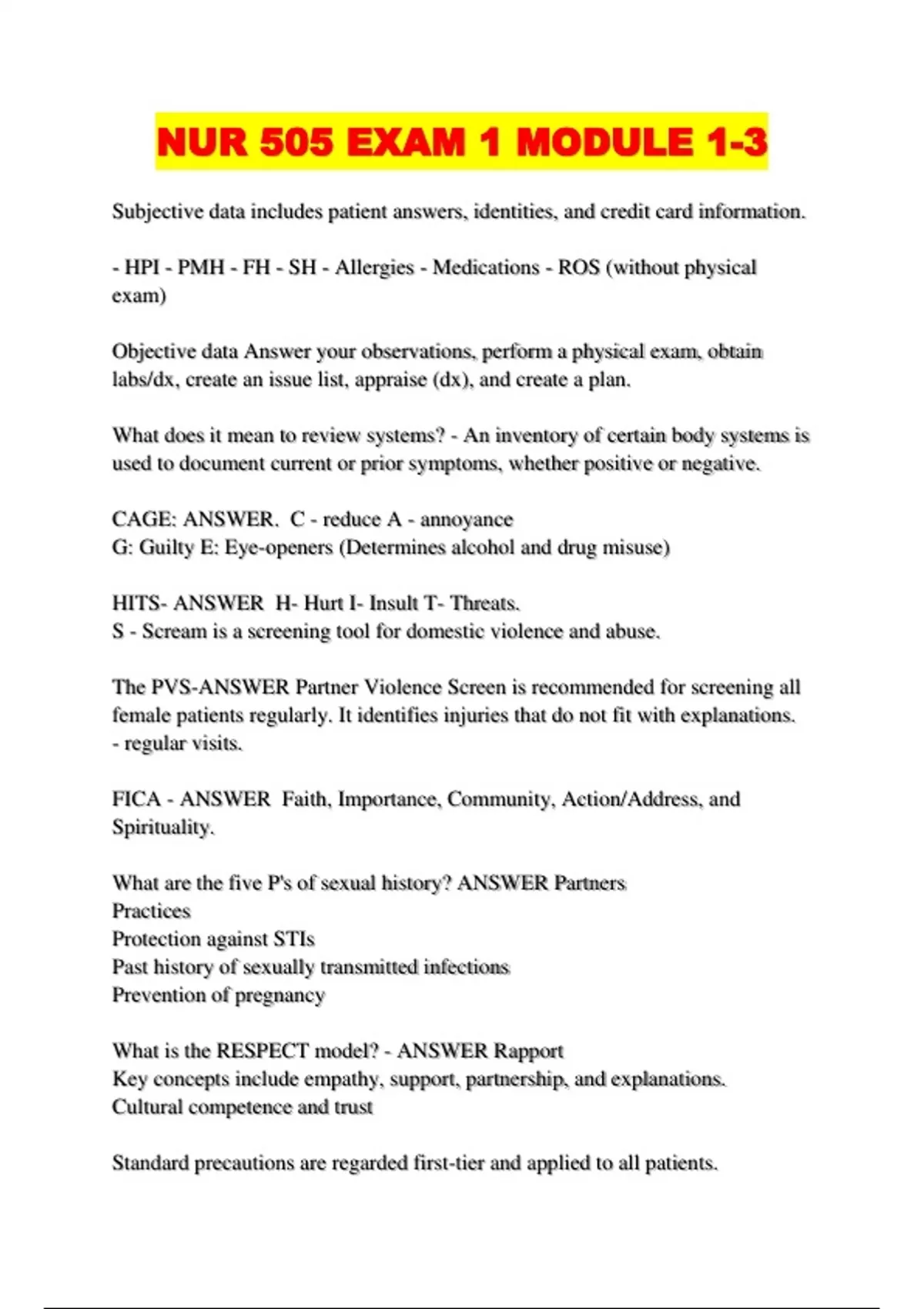 NUR 505 EXAM 1 MODULE 1-3 - NUR 505 - Stuvia US