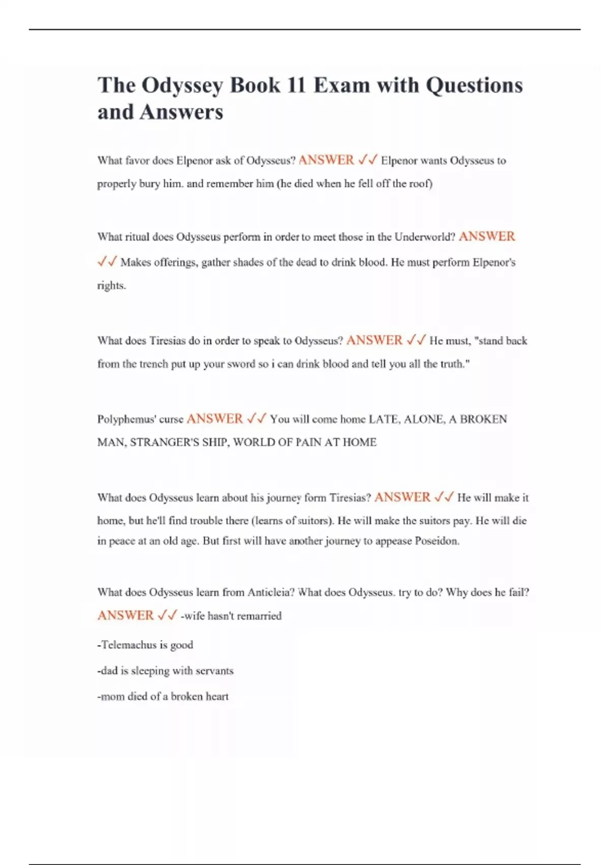The Odyssey Book 11 Exam with Questions and Answers - Odyssey - Stuvia US