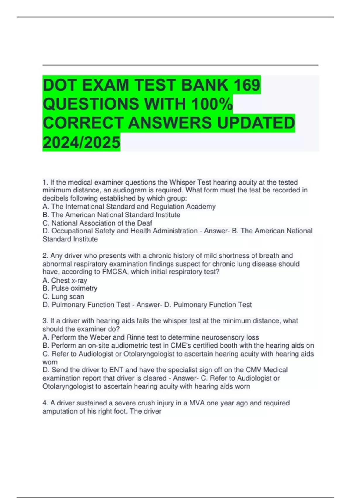 DOT EXAM TEST BANK 169 QUESTIONS WITH 100% CORRECT ANSWERS UPDATED 2024 ...