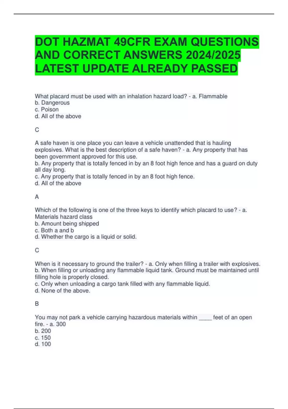 DOT HAZMAT 49CFR EXAM QUESTIONS AND CORRECT ANSWERS 2024/2025 LATEST UPDATE ALREADY PASSED - DOT ...