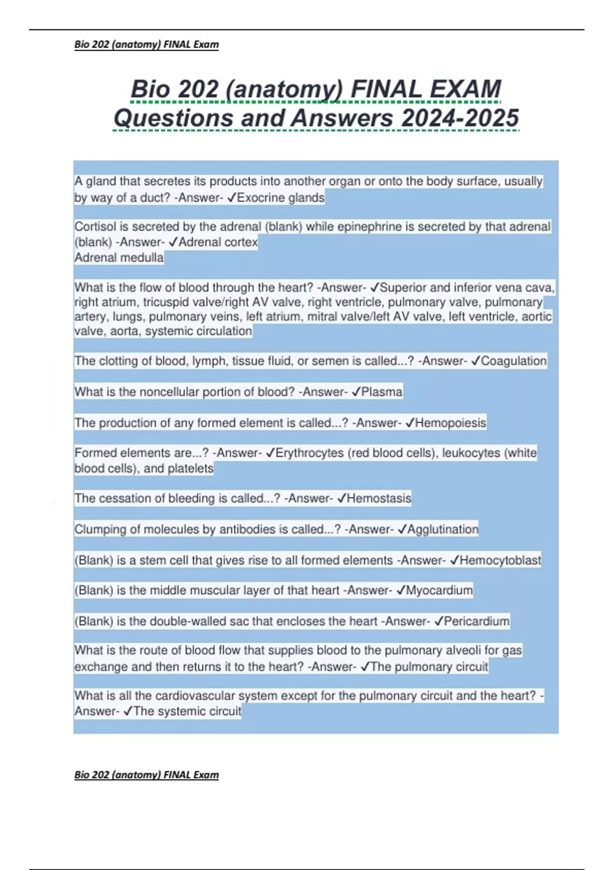Bio 202 (anatomy) FINAL EXAM Questions and Answers - Bio 202 - Stuvia US