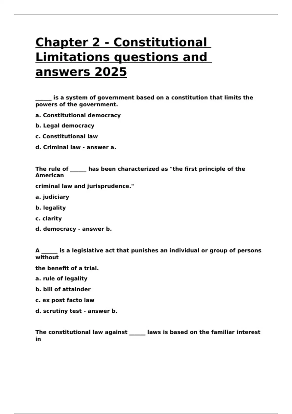 Chapter 2 - Constitutional Limitations questions and answers 2025. - Ex ...