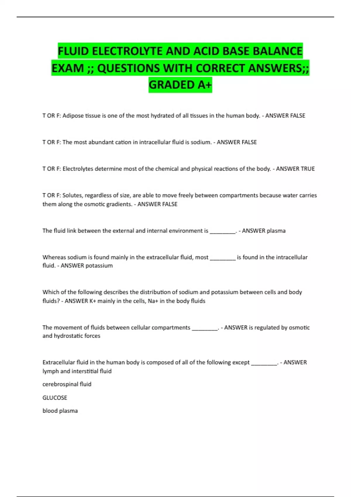 FLUID ELECTROLYTE AND ACID BASE BALANCE EXAM ;; QUESTIONS WITH CORRECT ...