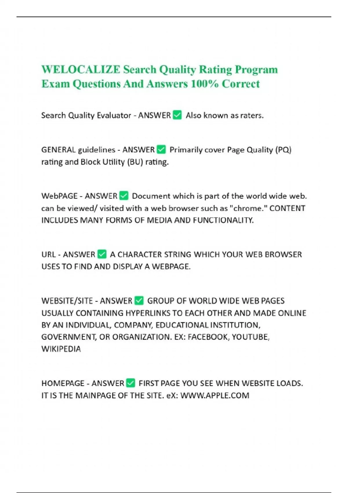Welocalize Search Quality Rater Example WELOCALIZE Search Quality Rating Program Exam Questions And Answers 100 ...