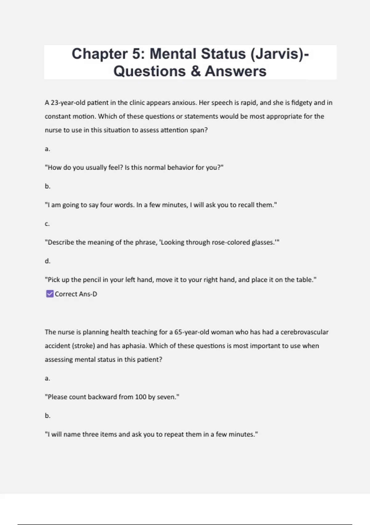 Chapter 5: Mental Status (Jarvis)- Questions & Answers - Jarvis - Stuvia US