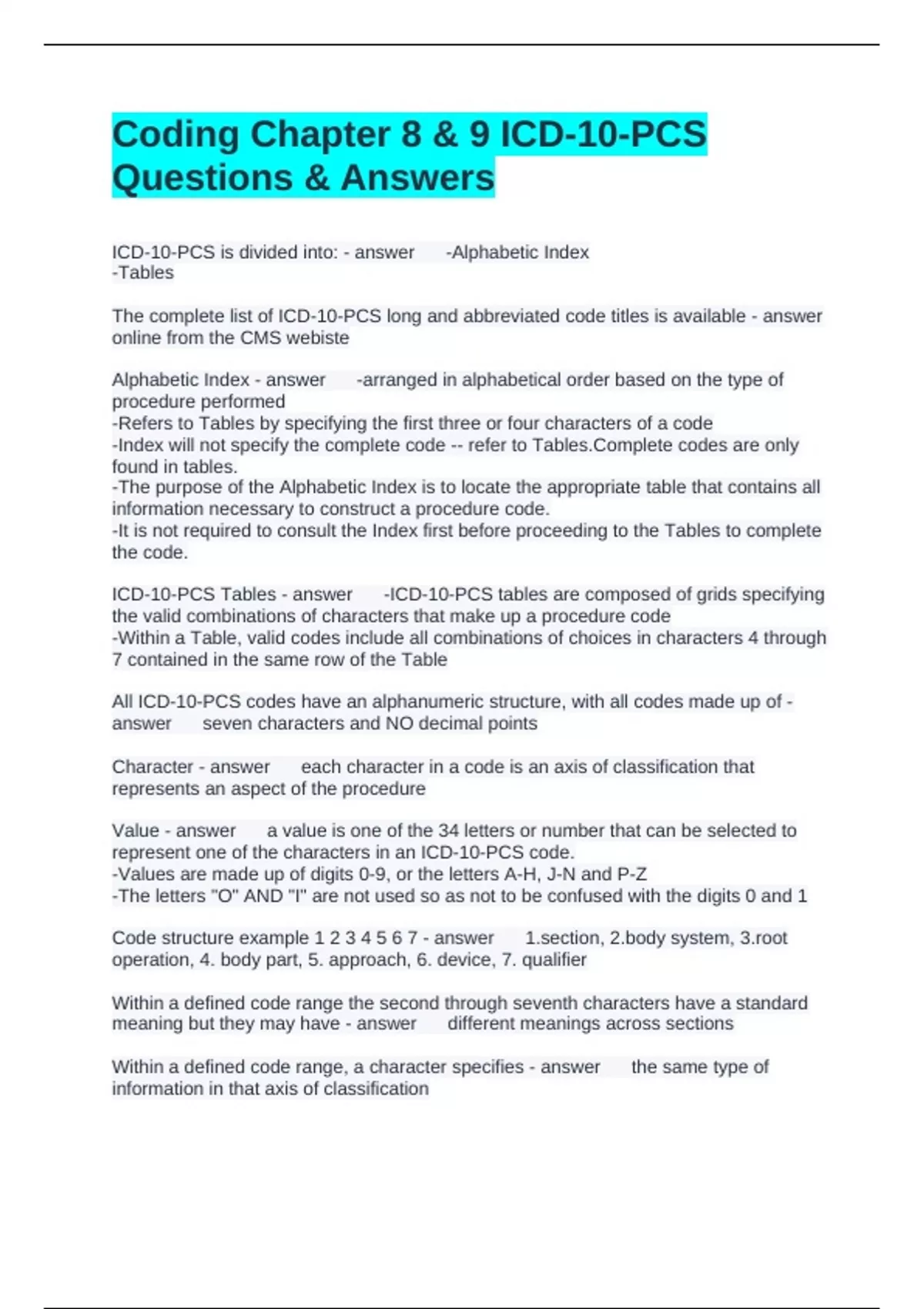 Coding Chapter 8 & 9 ICD-10-PCS Questions & Answers - PCSS - Stuvia US