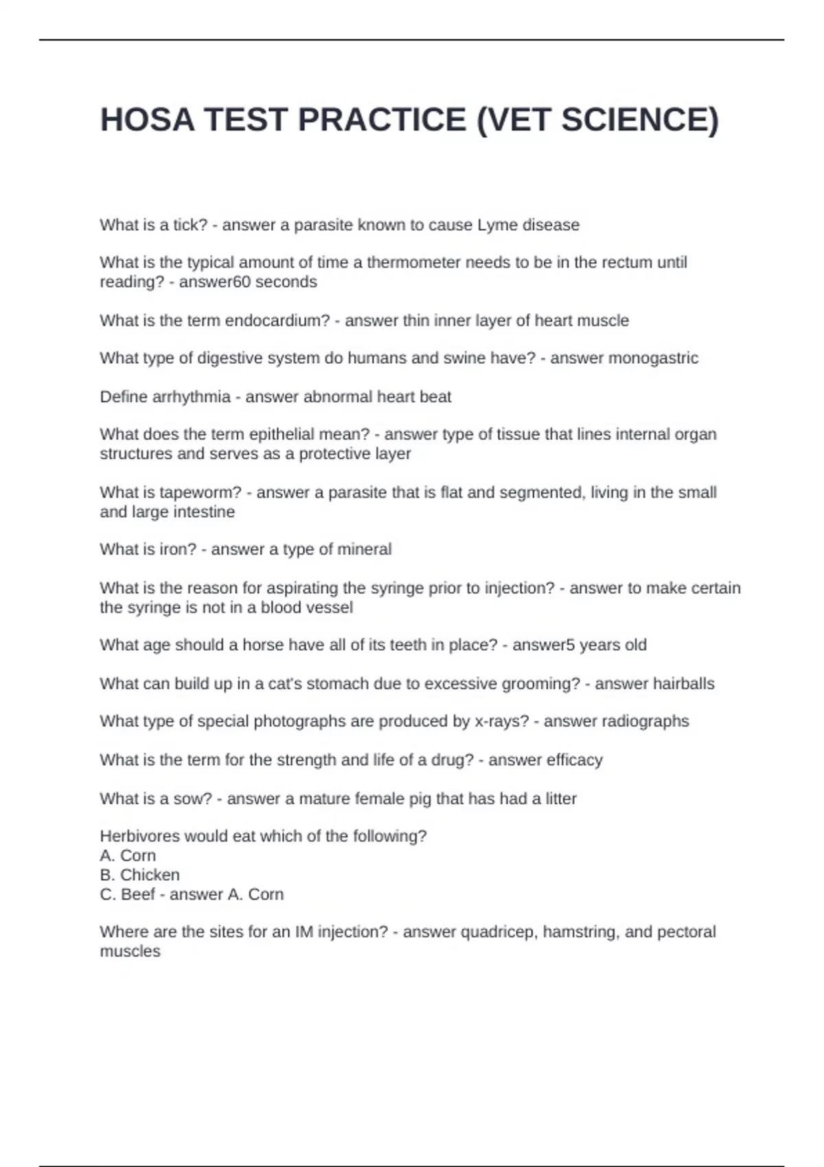HOSA TEST PRACTICE (VET SCIENCE) QUESTION AND ANSWERS 2024 - HOSA ...