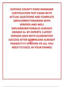 SUFFOLK COUNTY FOOD MANAGER CERTIFICATION TEST EXAM WITH ACTUAL QUESTIONS AND COMPLETE 100&percnt;CORRECTANSWERS WITH VERIFIED AND WELL EXPLAINEDRATIONALES ALREADY GRADED A&plus; BY EXPERTS &vert;LATEST VERSION 2024 WITH GUARANTEED SUCCESS AFTER DOWNLOAD ALREADY PASSED&excl;&excl;&excl;