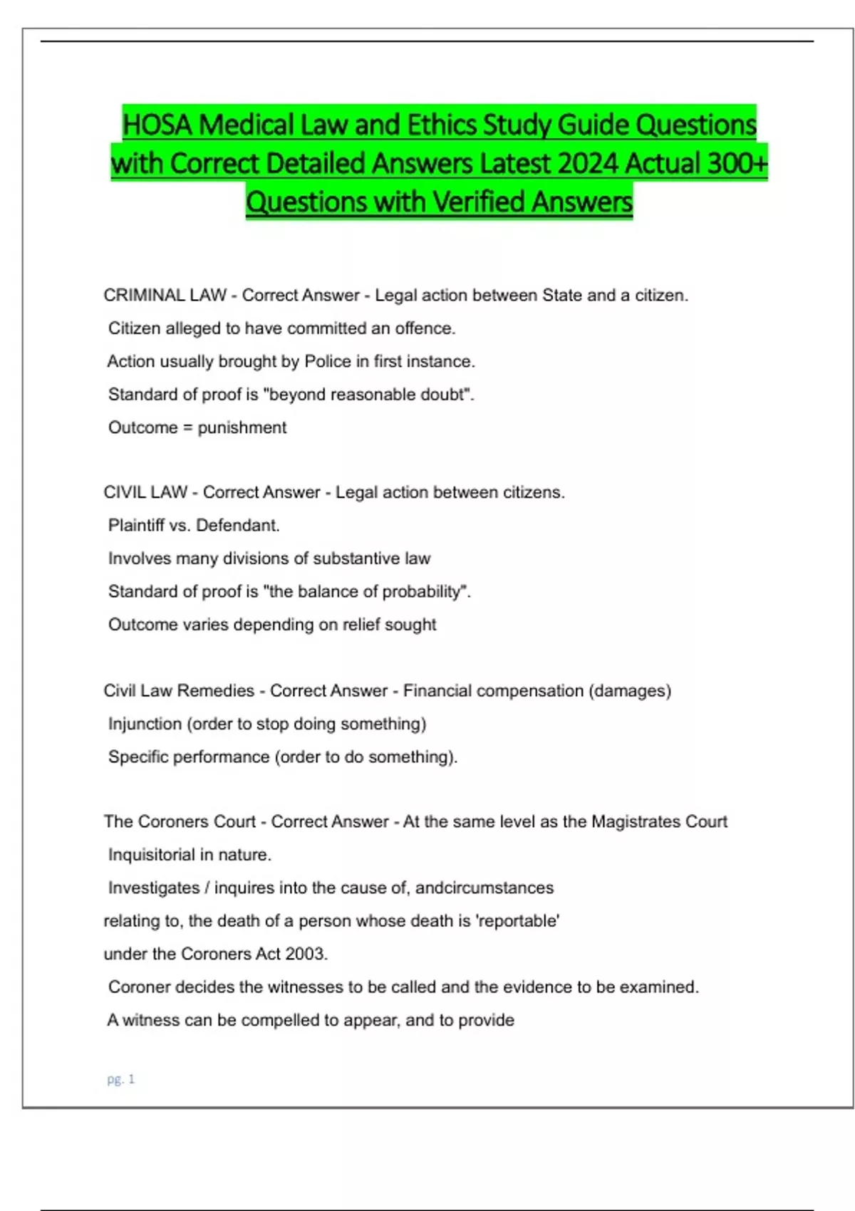 HOSA Medical Law and Ethics Study Guide Questions with Correct Detailed ...