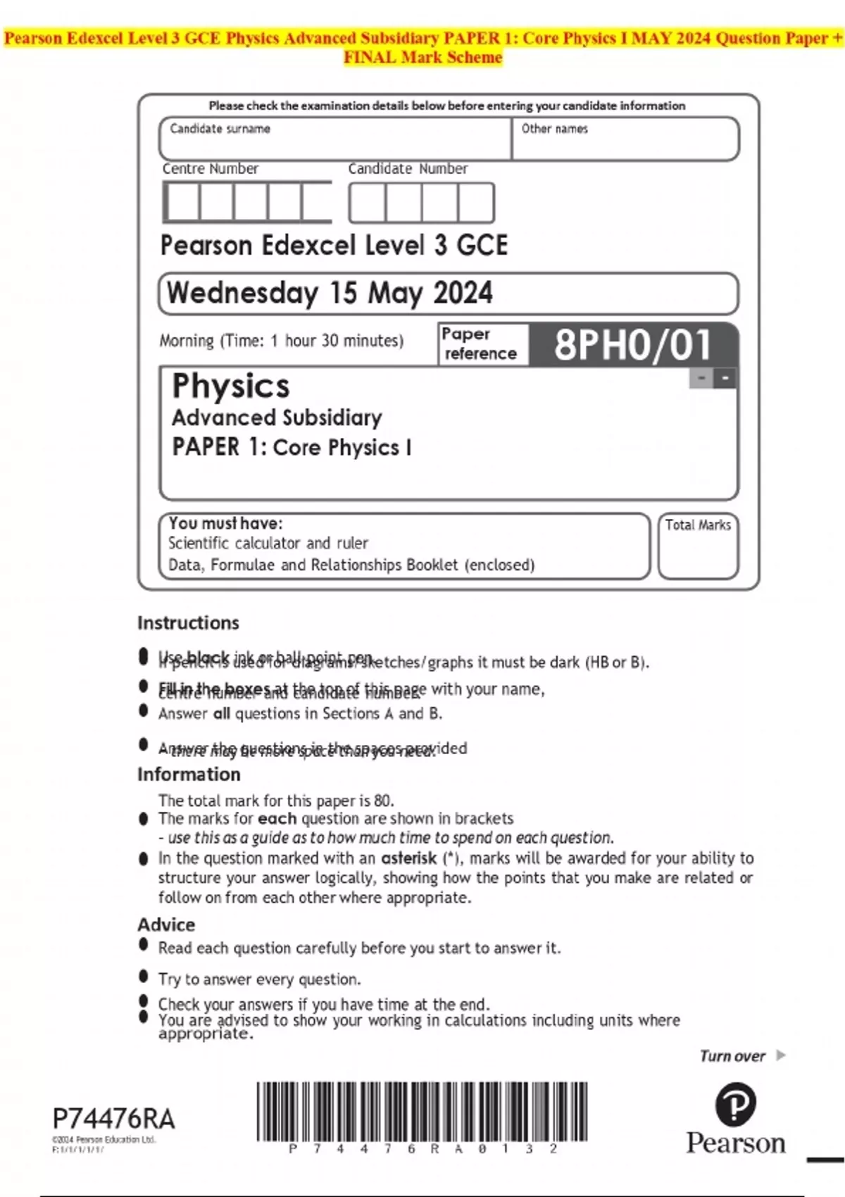 Pearson Edexcel Level 3 GCE Physics Advanced Subsidiary PAPER 1: Core ...