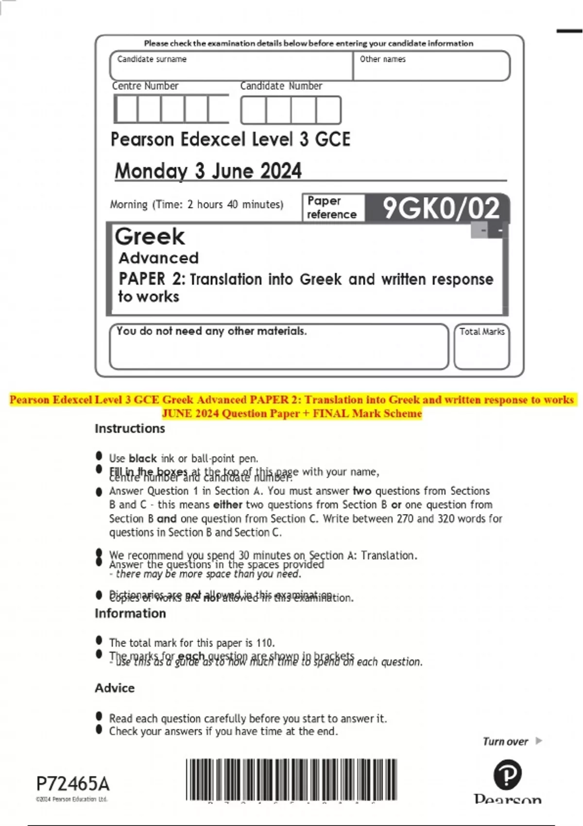 Pearson Edexcel Level 3 GCE Greek Advanced PAPER 2: Translation into ...