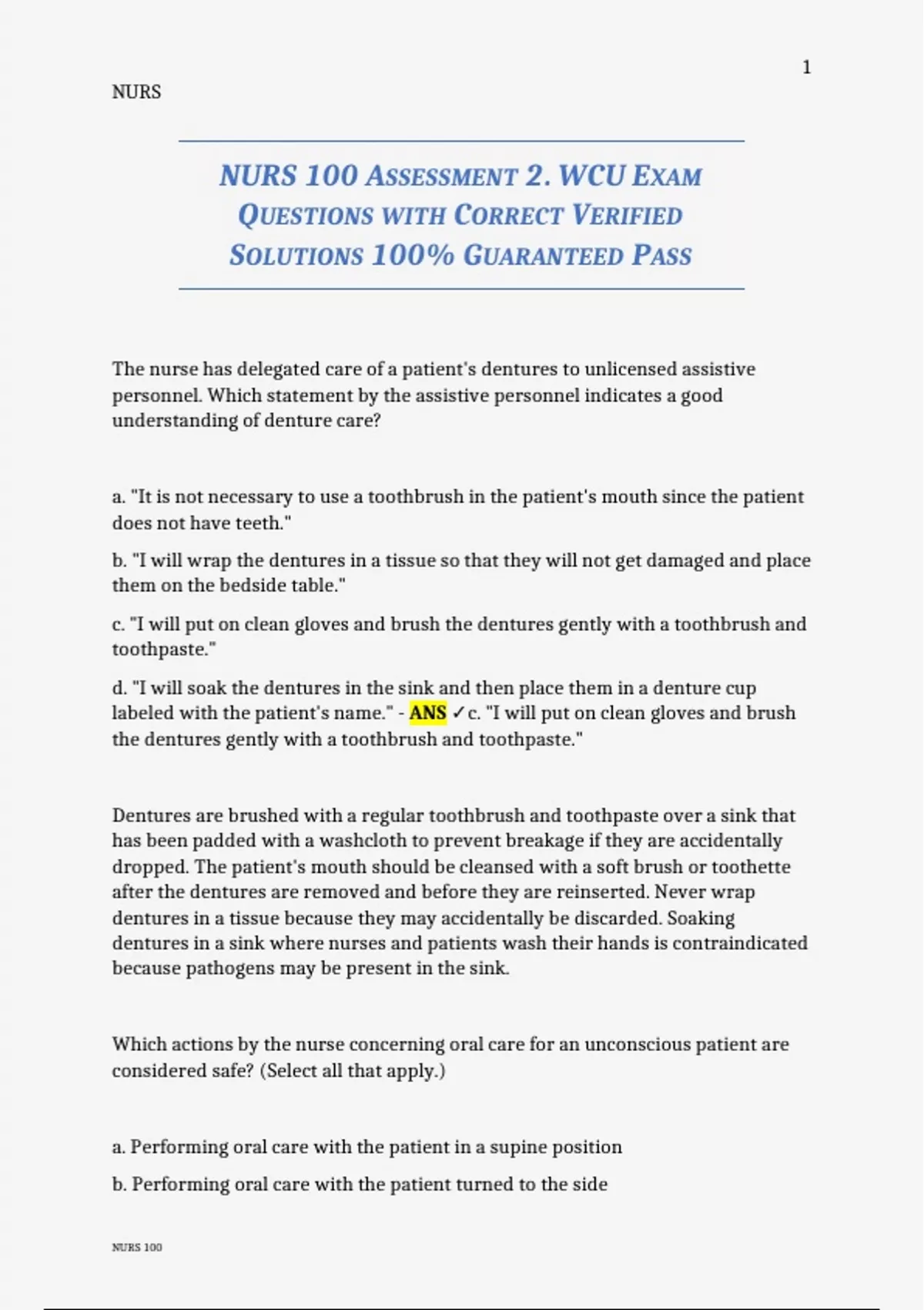 NURS 100 ASSESSMENT 2. WCU EXAM QUESTIONS WITH CORRECT VERIFIED ...