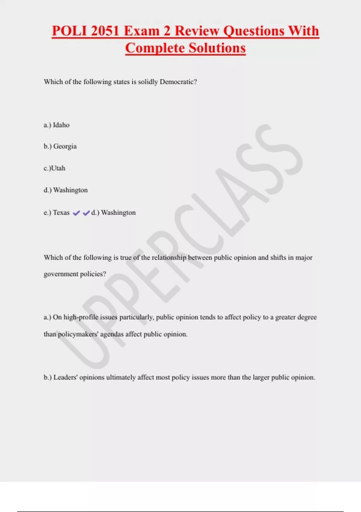 POLI 2051 Exam 2 Review Questions With Complete Solutions - POLI 2051 ...