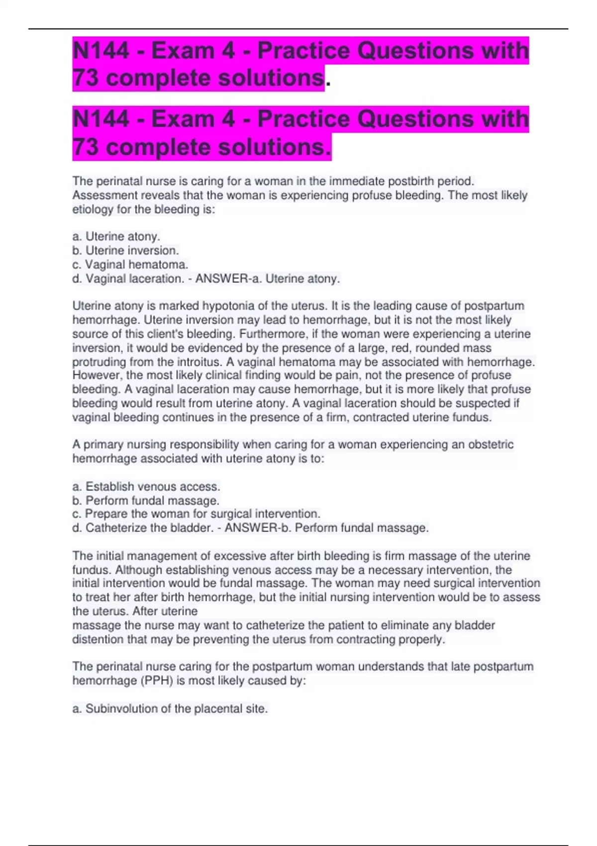 Practical Questions Session 73 N144 - Exam 4 - Practice Questions with 73 complete solutions ...