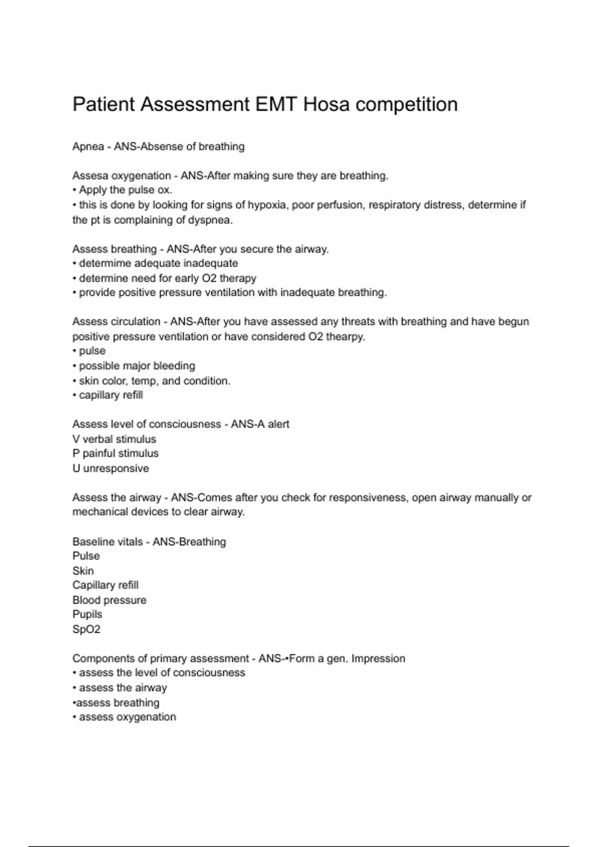 Patient Assessment EMT Hosa competition - QUESTION AND ANSWERS | LATEST ...