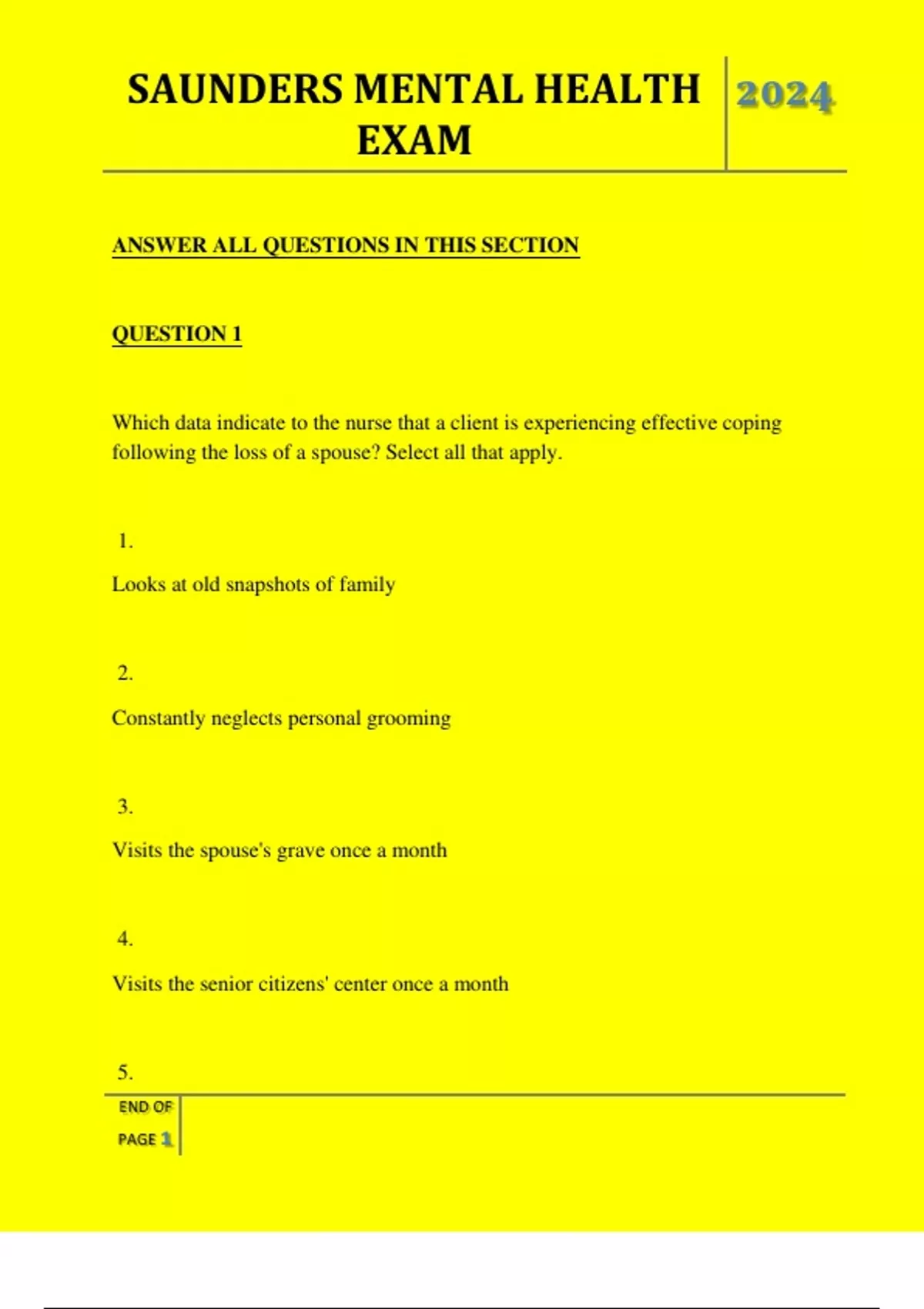 Saunders Sample Question SAUNDERS MENTAL HEALTH EXAM QUESTIONS AND ANSWERS 2024 - SAUNDERS ...