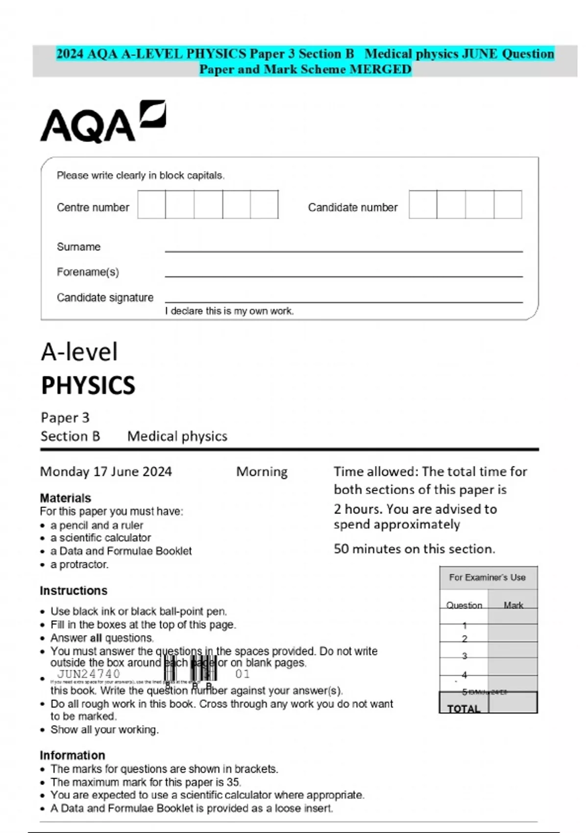 2024 AQA A-LEVEL PHYSICS Paper 3 Section B Medical physics JUNE ...