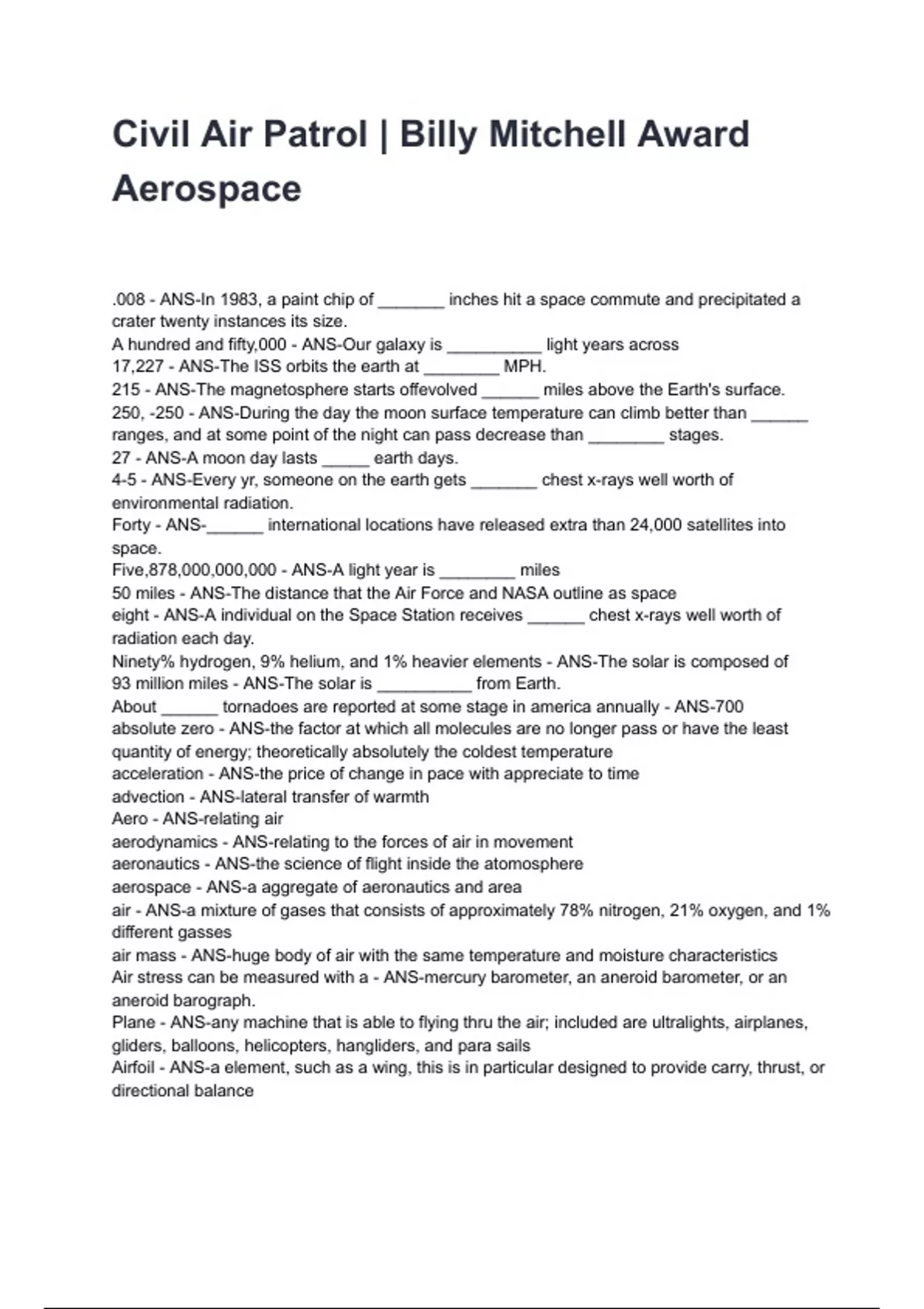Civil Air Patrol | Billy Mitchell Award Aerospace QUESTIONS AND CORRECT ...