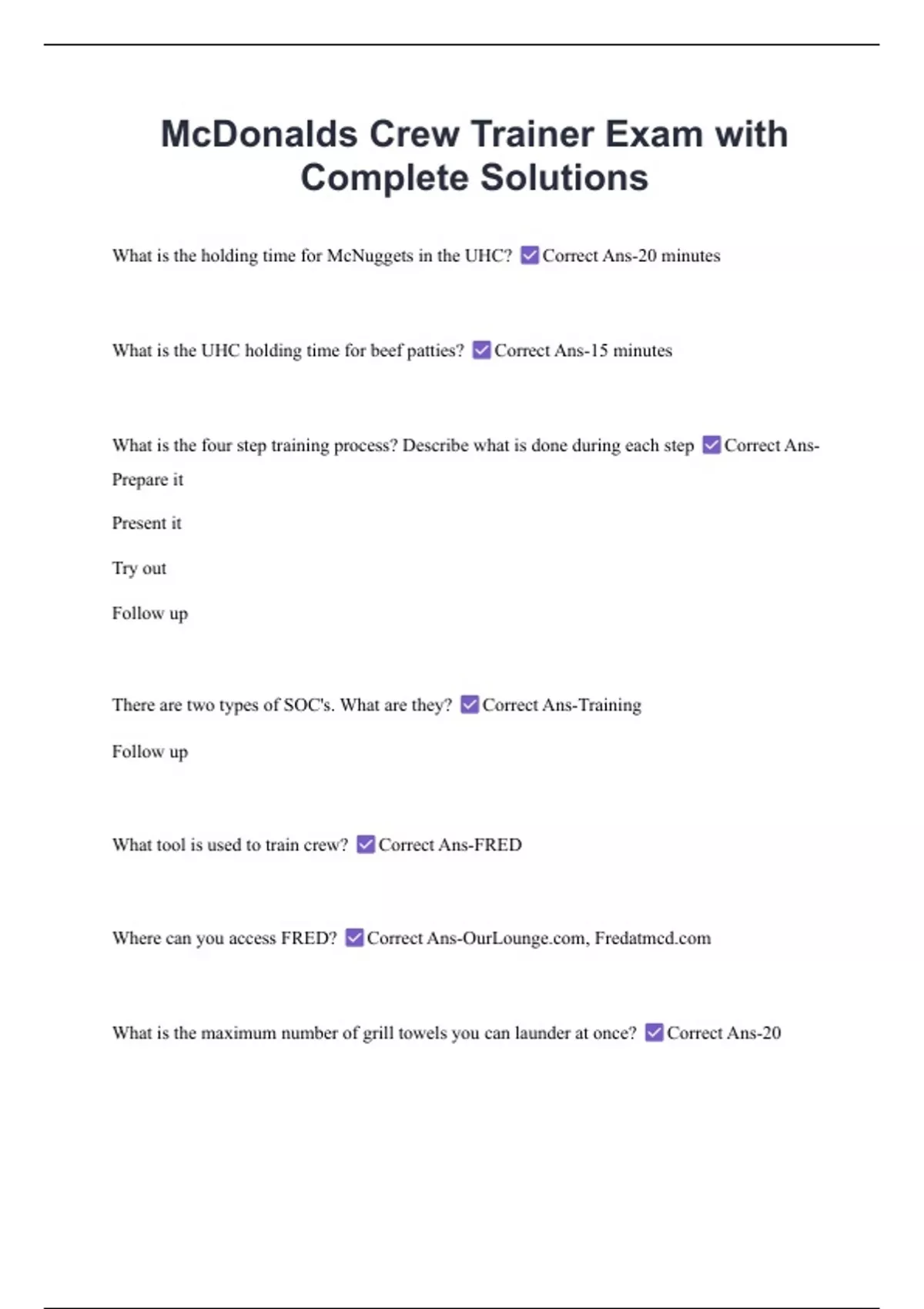 McDonalds Crew Trainer Exam with Complete Solutions - McDonald - Stuvia US