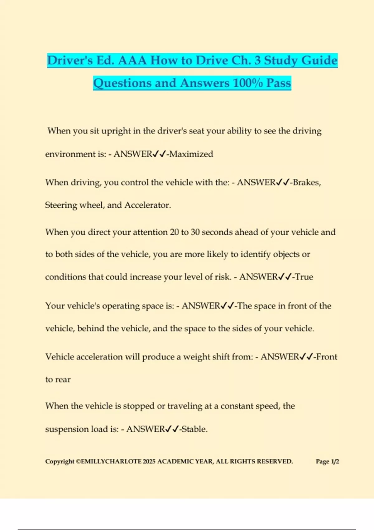 Driver's Ed. AAA How to Drive Ch. 3 Study Guide Questions and Answers 100% Pass - AAA Drivers ...