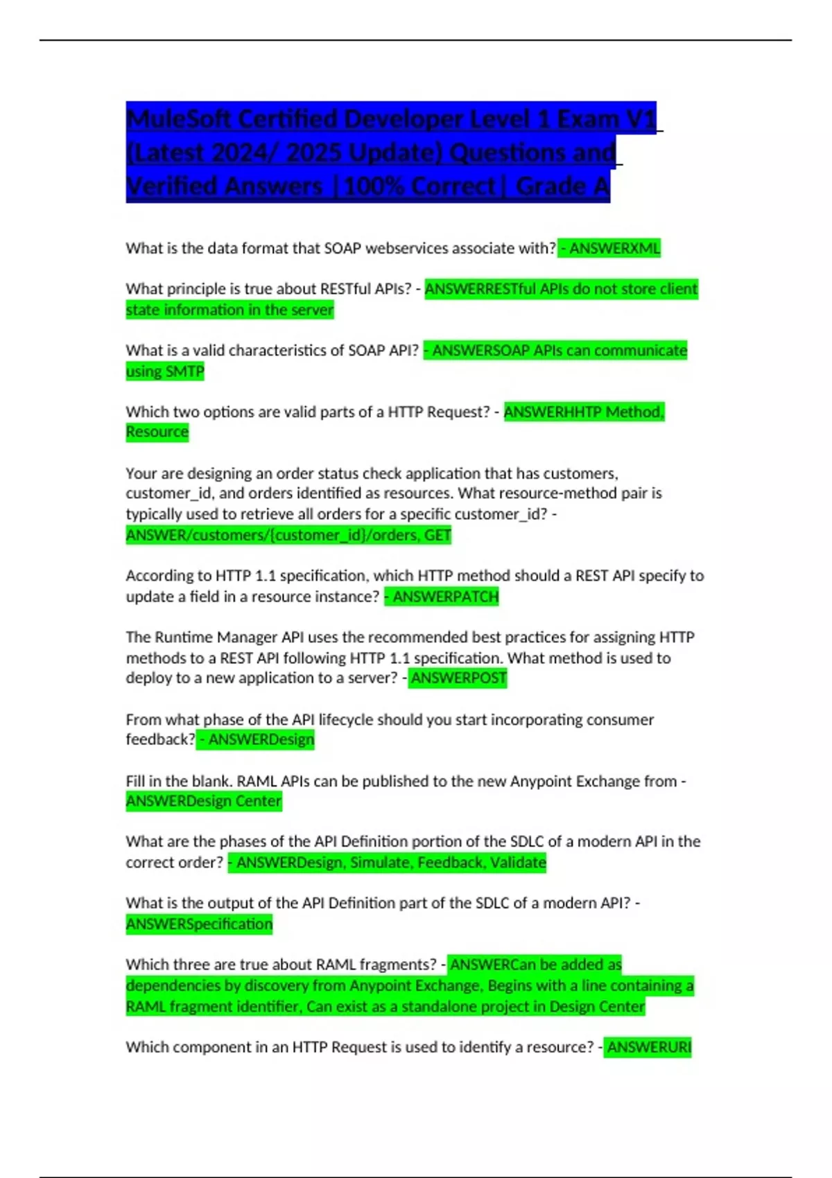 Mulesoft Certified Developer Level 1 Exam V1 Latest 2024 2025 Update