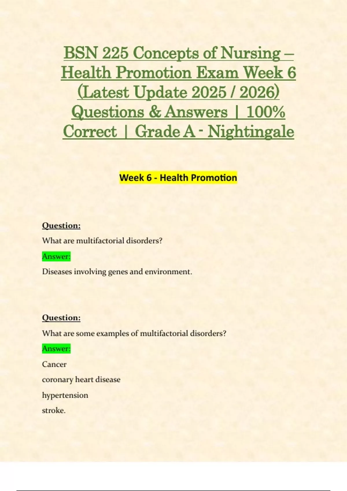 BSN 225 Concepts of Nursing – Health Promotion Exam Week 6 (Latest ...