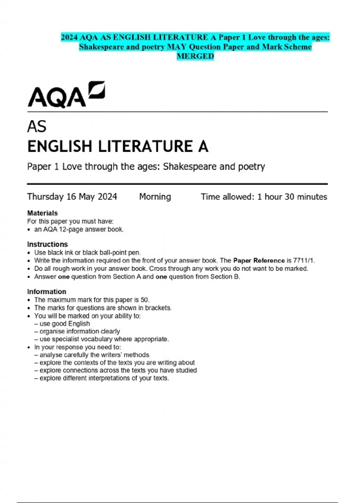 2024 AQA AS ENGLISH LITERATURE A Paper 1 Love through the ages ...